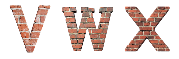Letters V, W and X made with bricks. Wall letters. tropical floral motifs. Evoque Urban style, grunge, and Industrial. Alphabet and typography. Transparent PNG	