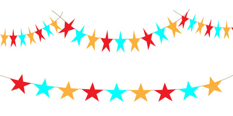 Carnival garland with flags and star. Colorful perspective party flags isolated on white background. Birthday, Christmas, anniversary, and festival fair concept. Vector illustration. eps10