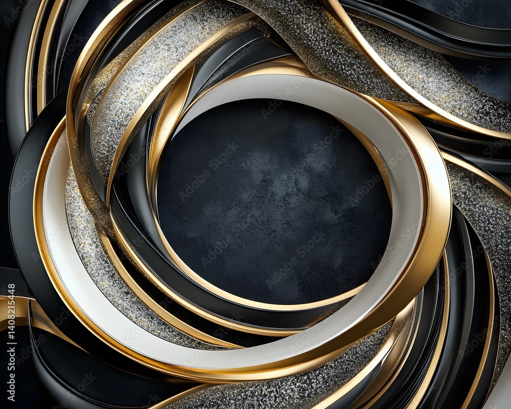 Poster an abstract pattern featuring flowing lines and textures in gold, silver, and black, creating a visu