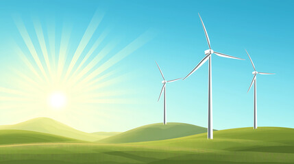 Wind turbines energy renewable power electric green hills sun landscape