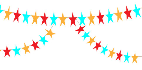 Carnival garland with flags and star. Colorful perspective party flags isolated on white background. Birthday, Christmas, anniversary, and festival fair concept. Vector illustration. eps10