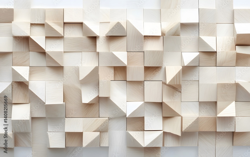 Poster an abstract arrangement of wooden blocks in various geometric shapes, displaying a clean and minimal