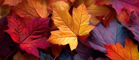 Autumn maple leaves in red, orange, and yellow hues scattered on a dark surface. Ideal for seasonal decor, environmental campaigns, or poetic visuals.
