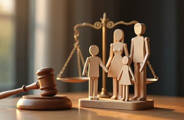 Family law concept photo. Wooden family figurines with scales of justice and gavel on wooden table. Divorce, child custody, legal issues, marriage and parental rights concept.