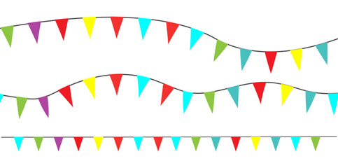 Obraz premium Colorful bunting flags with Confetti and ribbons for birthday, celebration, carnival, anniversary and holiday party on white background. festival and bright decoration. Vector illustration. eps10 1111
