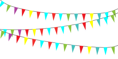 Obraz premium Colorful bunting flags with Confetti and ribbons for birthday, celebration, carnival, anniversary and holiday party on white background. festival and bright decoration. Vector illustration. eps10 1111
