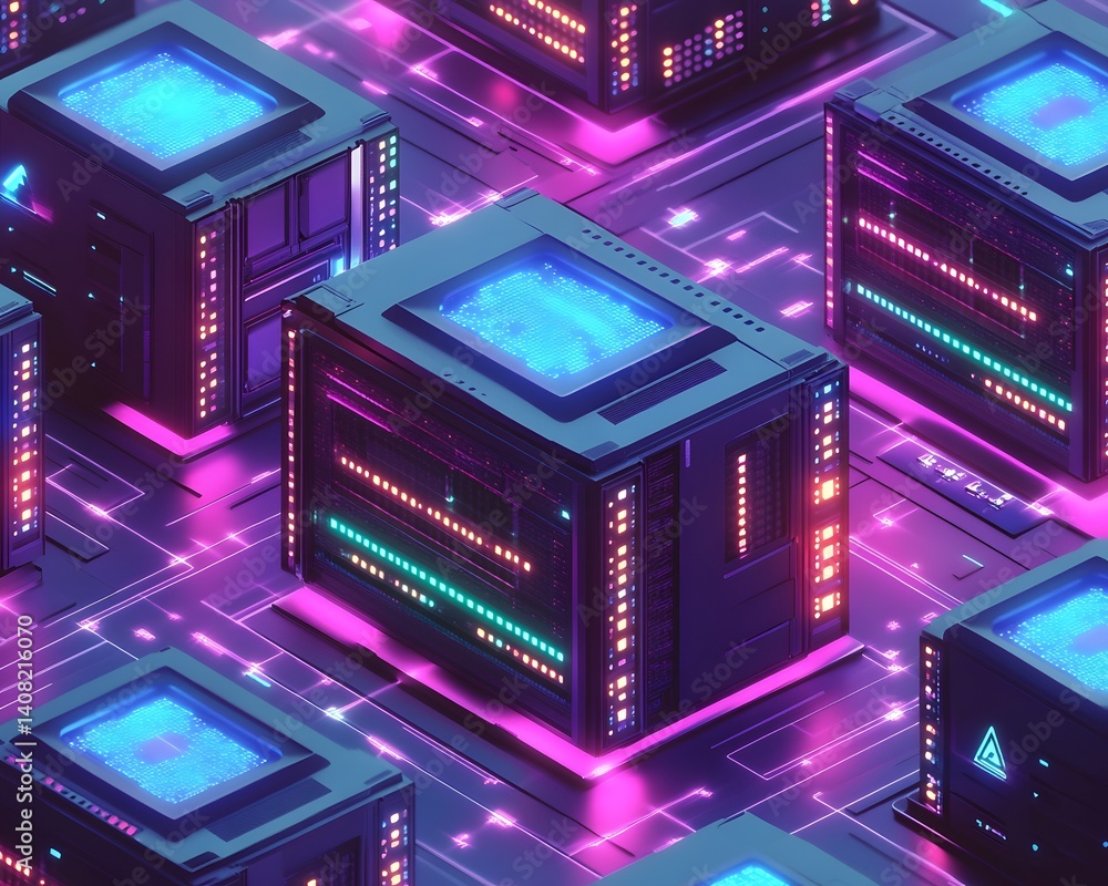 Poster a vibrant portrayal of advanced computing systems featuring illuminated servers within a digital lan
