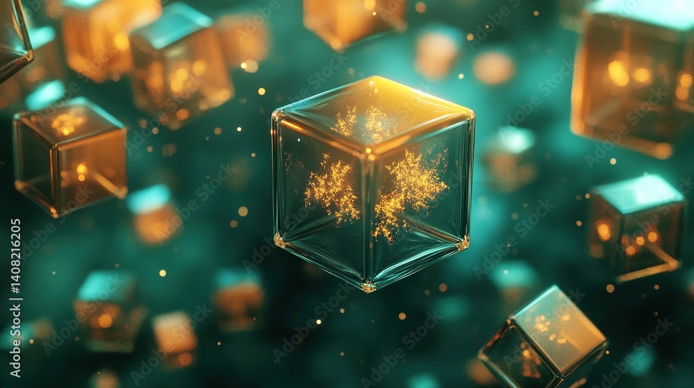 Poster floating translucent cubes with embedded glowing fractals