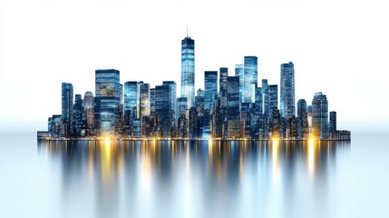 Obraz premium New York City's skyline at night with illuminated skyscrapers. Isolated on a white background. The image captures the essence of a bustling urban financial center