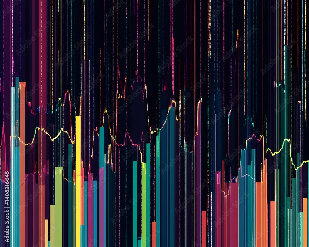 Poster a vibrant abstract composition featuring colorful vertical lines and wave patterns, perfect for digi