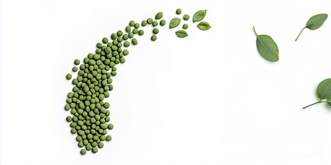 Greenery Cascade: An artistic composition featuring a cascade of vibrant green elements, including pea and leaf arranged in a dynamic flowing pattern against a clear background. 