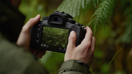 Photographer adjusting camera settings before capturing a shot. Featuring expertise and concentration