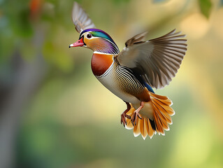 Obraz premium Mandarin duck in graceful flight, Colorful duck flying midair