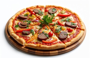 Close-up of delicious pizza with sausage, cheese, tomatoes, peppers, onion on wooden plate. Traditional italian pizza, homemade food. Pizzeria, restaurant menu concept. Isolated on white background.