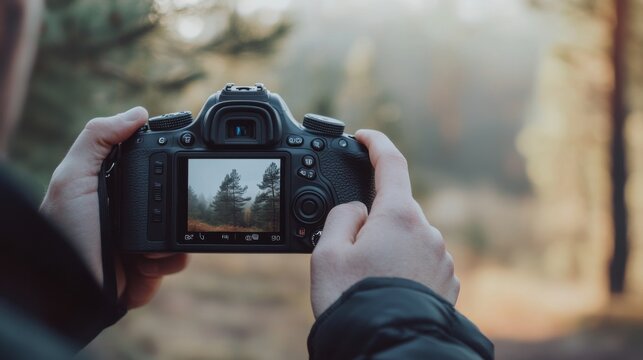 Photographer adjusting camera settings during an outdoor shoot. Featuring focus and technique