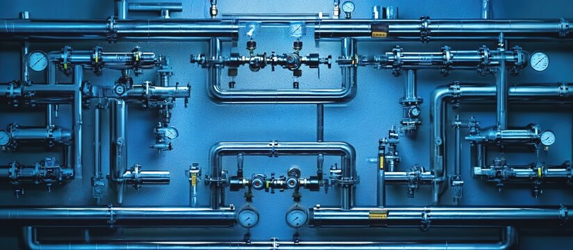 Blue-toned industrial pipework with pressure gauges and valves. Targets engineering manuals, factory safety guides, or technical blogs.