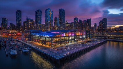 Fototapeta premium Vibrant Cityscape at Dusk: Illuminated Waterfront Venue