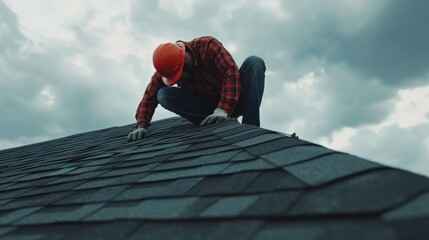 Roofing worker inspecting a roof for damage after a storm. Featuring safety and expertise