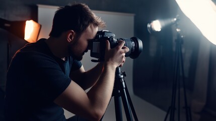 Photographer adjusting camera settings for a professional portrait. Featuring precision and focus