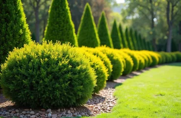 Gardinen Green spring plants, bushes, trimmed shrubs form a natural stone-mulched border in park. Green grass lawn. Evergreen thuja and cypress trees create an elegant landscape design, botanical setting. © Pete