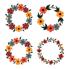 Set of floral elements, Floral background with flowers, Wreath flowers circle Scandinavian style