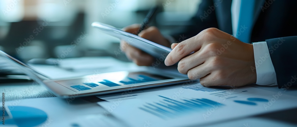 Poster a professional analyzing data on a tablet while reviewing financial reports. the scene captures the 