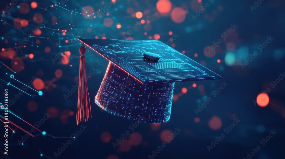Poster digital graduation concept: futuristic mortarboard with data network and technology glow.