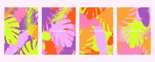 Vivid bright summer background collection with flat tropical leaves, bold typography and texture in warm retro neon colors for wall art, branding, flyers, invitations, cards, seasonal designs, etc. © Eugenia