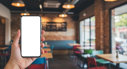 Food App Mockup in Hand – Lifestyle Phone Scene | High-quality mockup of a hand holding a smartphone with interface in front of a trendy café. Ideal for app developers, UI/UX design