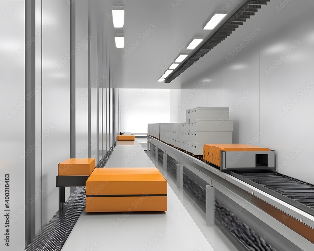 Poster a modern and efficient packaging and logistics facility featuring automated processes. orange boxes 
