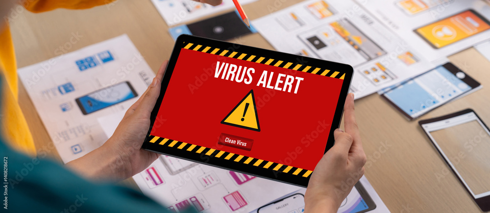 Poster virus warning alert on computer screen detected brisk cyber threat , hacker, computer virus and malw