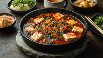 Bubbling kimchi jjigae with tofu and pork served alongside traditional banchan dishes