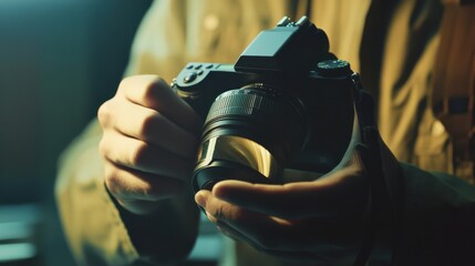 Photographer adjusting camera settings on a professional DSLR. Featuring precision and creativity