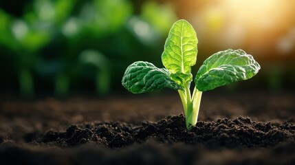 A vibrant green seedling emerges from rich brown soil, illuminated by the soft glow of sunlight, representing growth, renewal, and nature's beauty.