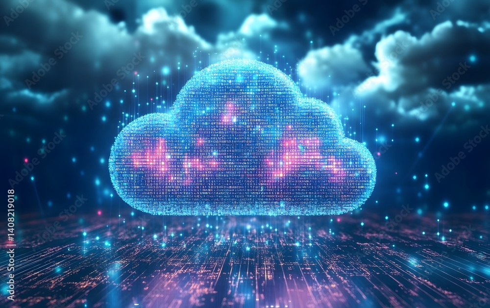 Poster a futuristic digital cloud representing data storage, illuminated with vibrant colors, surrounded by