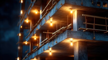 A close-up shot of an illuminated construction site reveals intricate detailing in the concrete structure, highlighting the artistry and engineering involved in modern building projects.