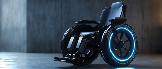Fototapeta premium A futuristic black wheelchair featuring illuminated wheels symbolizes innovation in mobility solutions, enhancing accessibility and independence for individuals with disabilities.