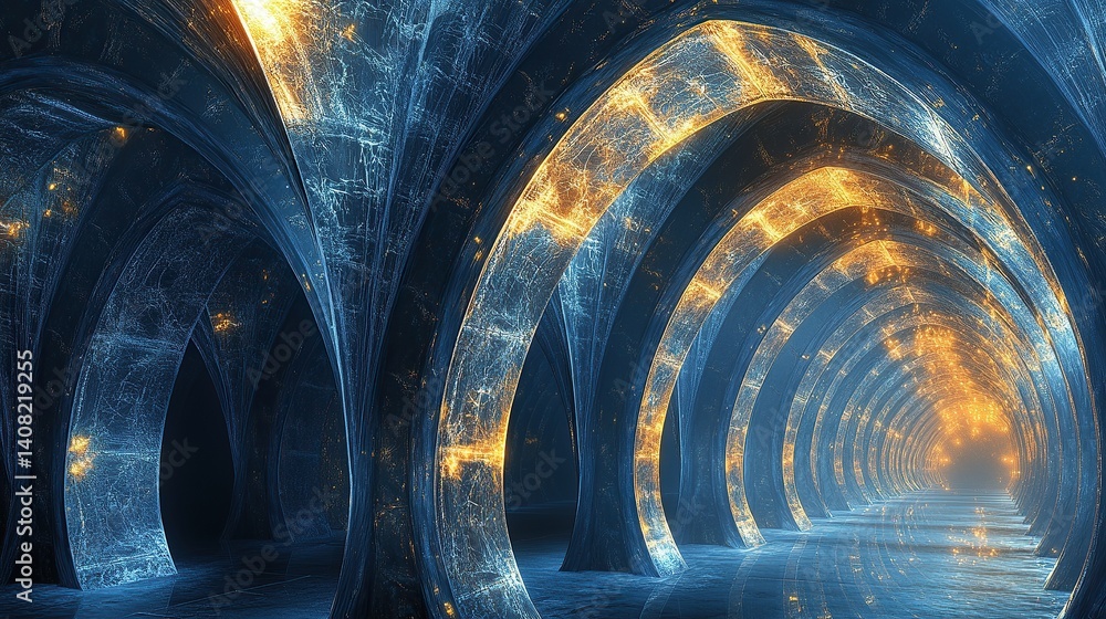 Poster glowing metallic arches forming an infinite fractal loop