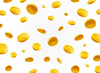 Falling coins, falling money, flying gold coins, golden rain. Jackpot or success concept. Vector 10 eps.