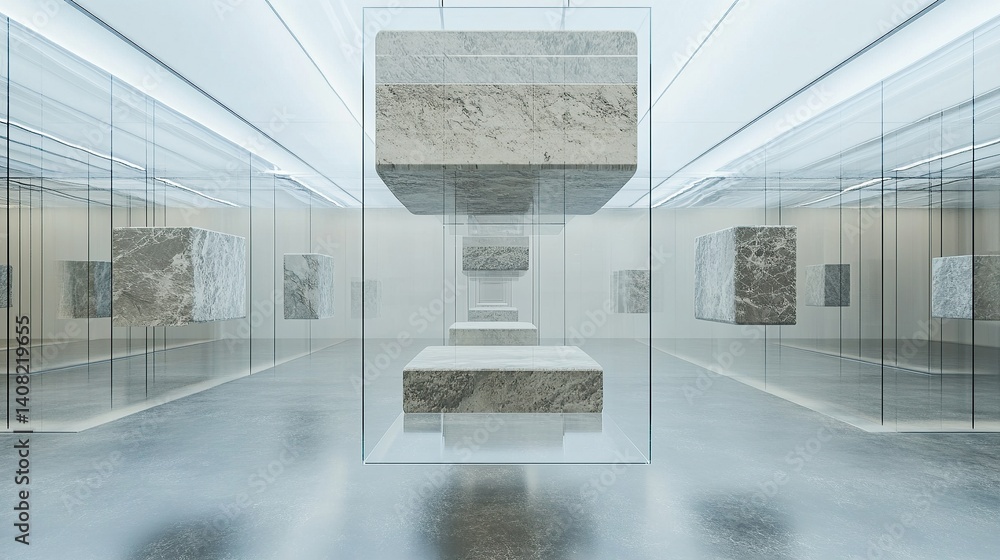 Poster gravity-defying blocks of marble and granite spinning in synchronized patterns