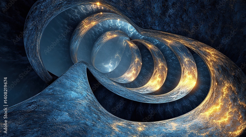 Poster glowing metallic arches forming an infinite fractal loop