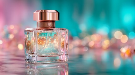 A beautifully crafted perfume bottle exudes elegance and charm, its luxurious design enhanced by a soft, ambient glow. The bottle's clear glass reveals the delicate liquid.