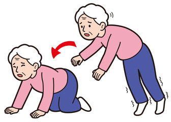 すくみ足で足が出ず体勢を崩し、転倒して膝折れして四つん這いになるおばあさんの解説ベクターイラスト(Explanatory vector illustration of an elderly woman freezing in place, losing balance, falling, collapsing to her knees, and ending up on all fours)