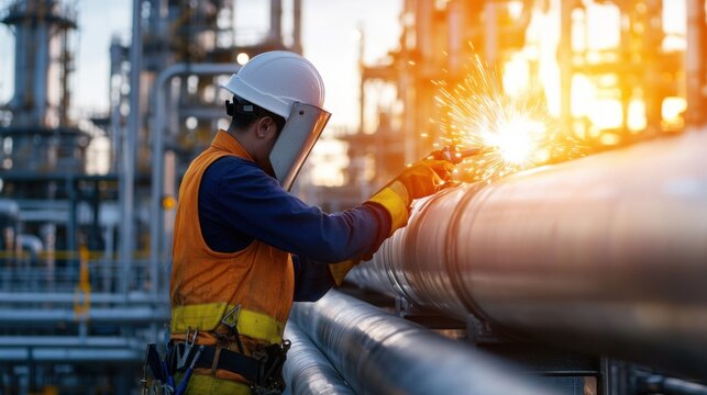 Pipefitter welding industrial gas pipes in a refinery facility. Featuring expertise and precision