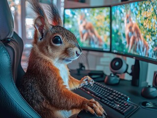 Squirrel gamer at dual monitors. Cute furry friend enjoys playing computer games, immersed in the virtual world on the screens.