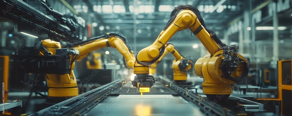Poster a close-up view of advanced robotic arms working in a high-tech manufacturing facility, showcasing a