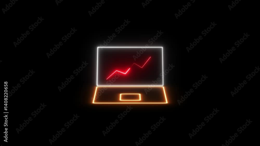 Aufkleber neon line business graph growth analysis 4k animation in laptop.neon monitor with a bar chart and pi