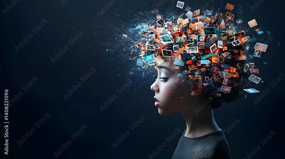 Poster a young girl with exploding digital images from her head in a dark background with a curious express