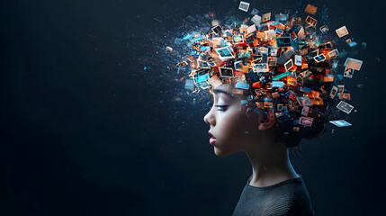 A Young Girl with Exploding Digital Images From Her Head in a Dark Background with a Curious Expression