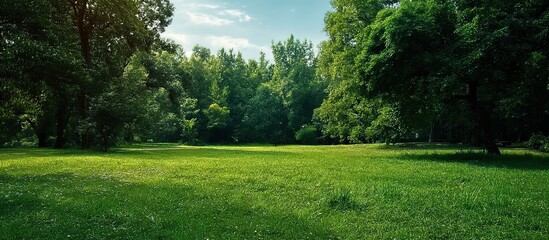 Obraz premium Sunlit meadow surrounded by dense trees. Used in environmental campaigns/nature photography. Symbolizes peace, ecological beauty, and the need to cherish natural spaces.